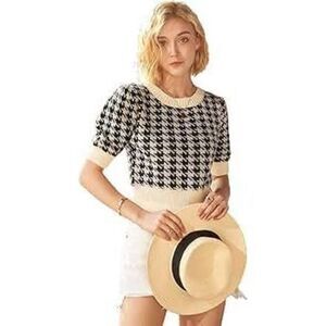 Knit Mix Houndstooth Cream Knit Sweater